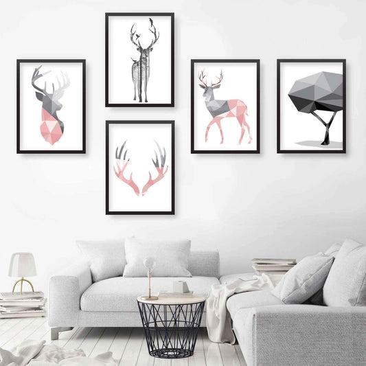 Norvo | Sett med 5 Galleri Veggkunst Skandinavisk Blush Rosa og Grå Kunstutskrifter Hjort Sett Skog Geometriske Veggbilder Plakat Kunstverk