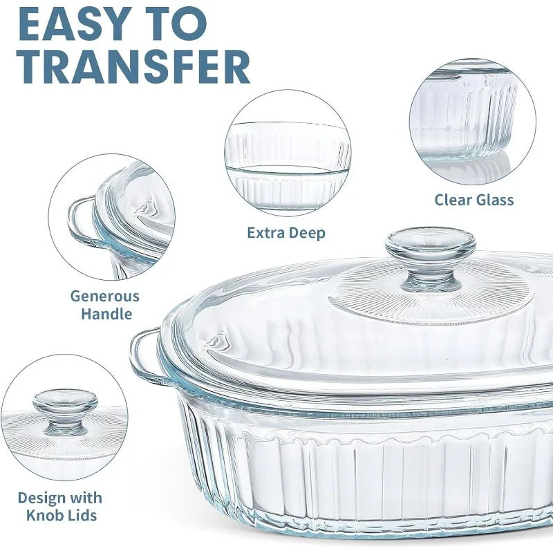 Norvo | 4-delt Glass Bakeware Sett med 2 Bakeware Retter med Glasslokk, 1.9 Qt og 3 Qt