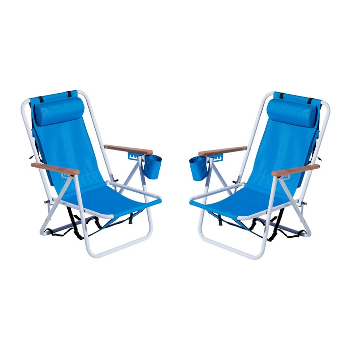 Norvo | 2-Pack Sammenleggbare Høystyrke Strandstoler med Justerbart Hodefter – Blå