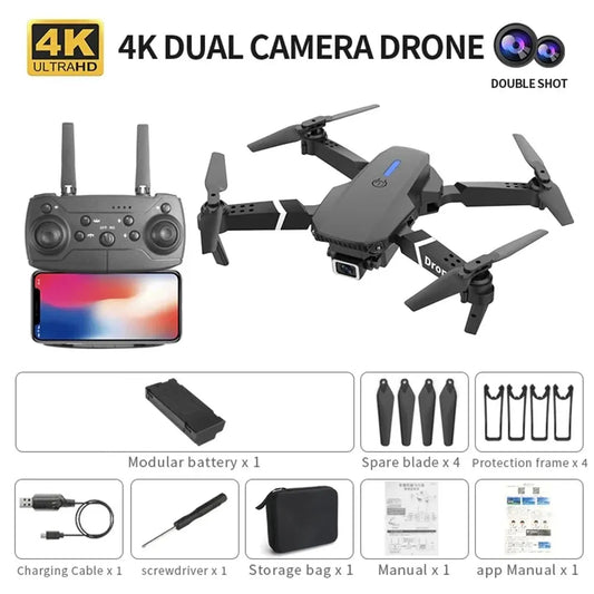 Norvo | E88 Sammenleggbar RC Drone – 4K Vidvinkel HD Kamera 1080P WiFi FPV Høydehold Quadrotor Helikopter
