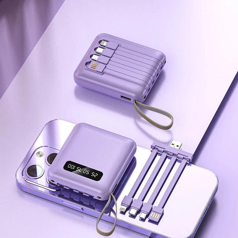 Norvo | Mini Powerbank med Speildisplay | 20,000 mAh | Hurtigladingfunksjon & Integrerte Kabler | For iPhone, Samsung, Xiaomi & mer