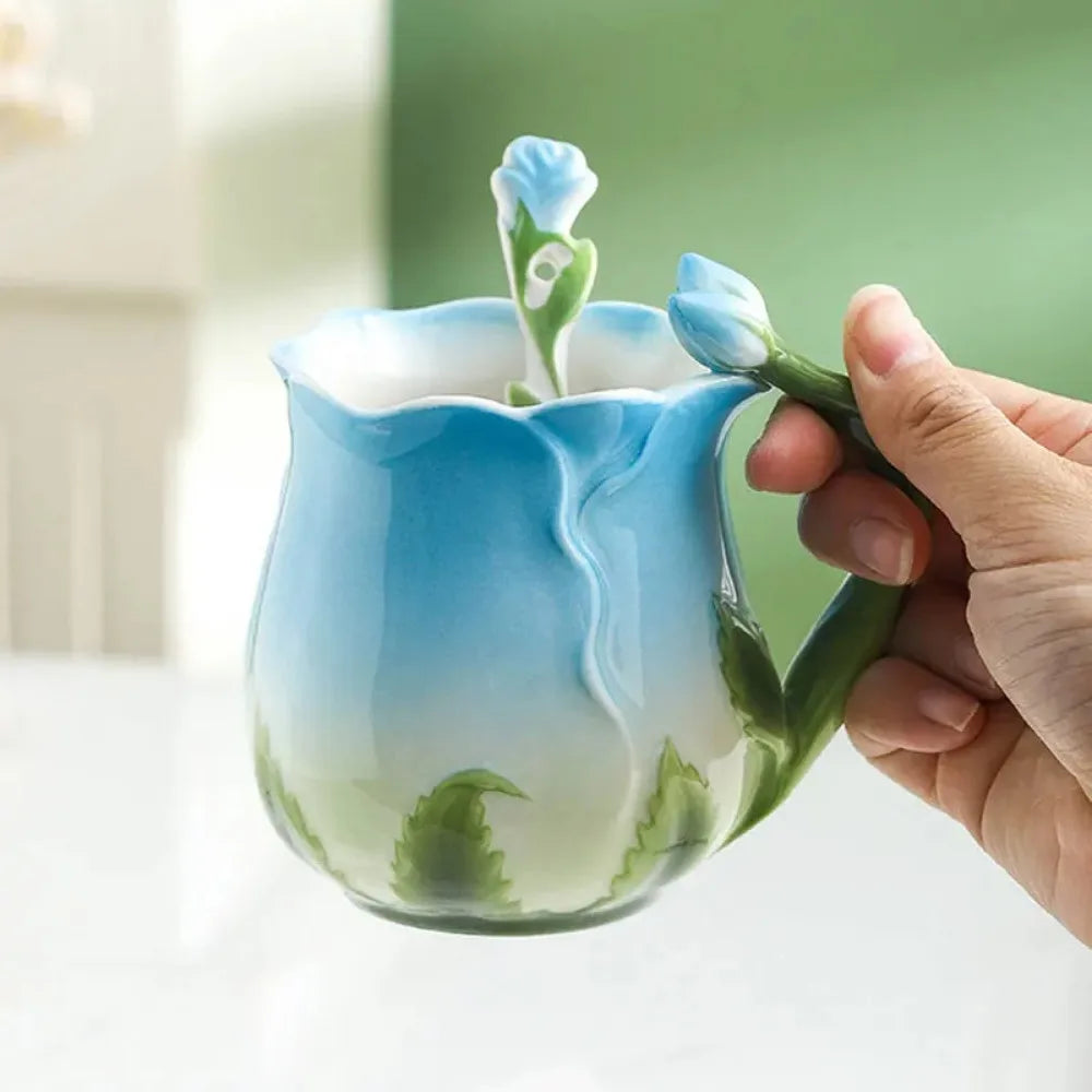 Norvo | 3D Rose Blomst Kaffe Mugge Keramiske Kaffe Mugger Søte Estetiske Vannkopper med Skje Sommer Vinter Drikke Utstyr Valentinsdag Gaver