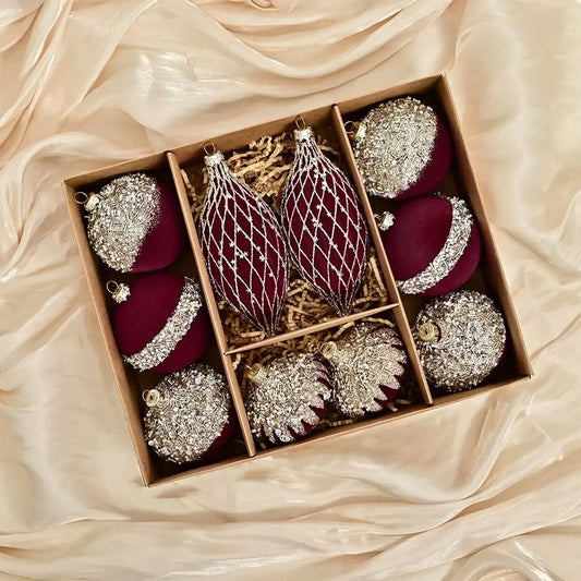 Uknuselige Glitter Fløyel Julepynt - Gjenbrukbare Flokket Hengekuler for Høytidsdekor, Solid Farge Sett 10PCS