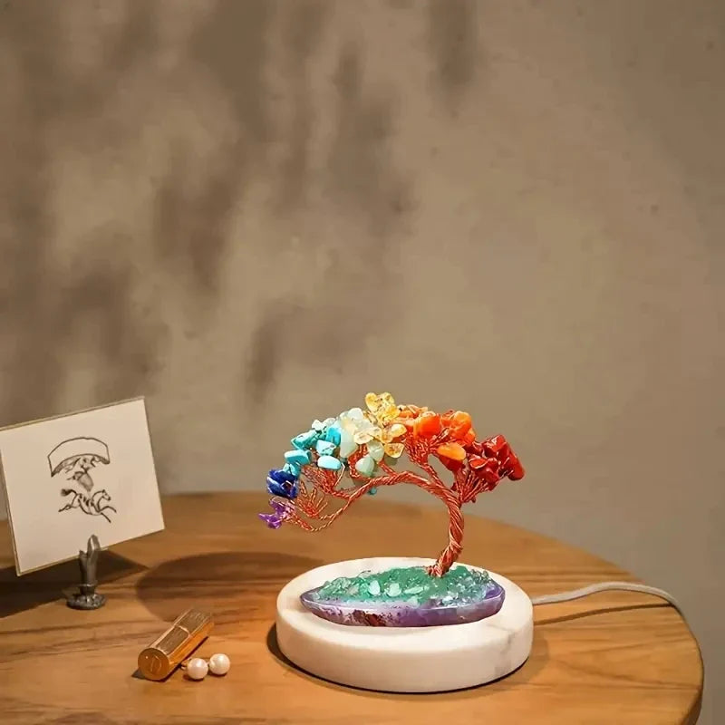 Norvo | Krystalltre AuroraTree | Naturlige Edelstener | Agatbase & Kobbertråd | Feng Shui Lykke Tre 10 cm