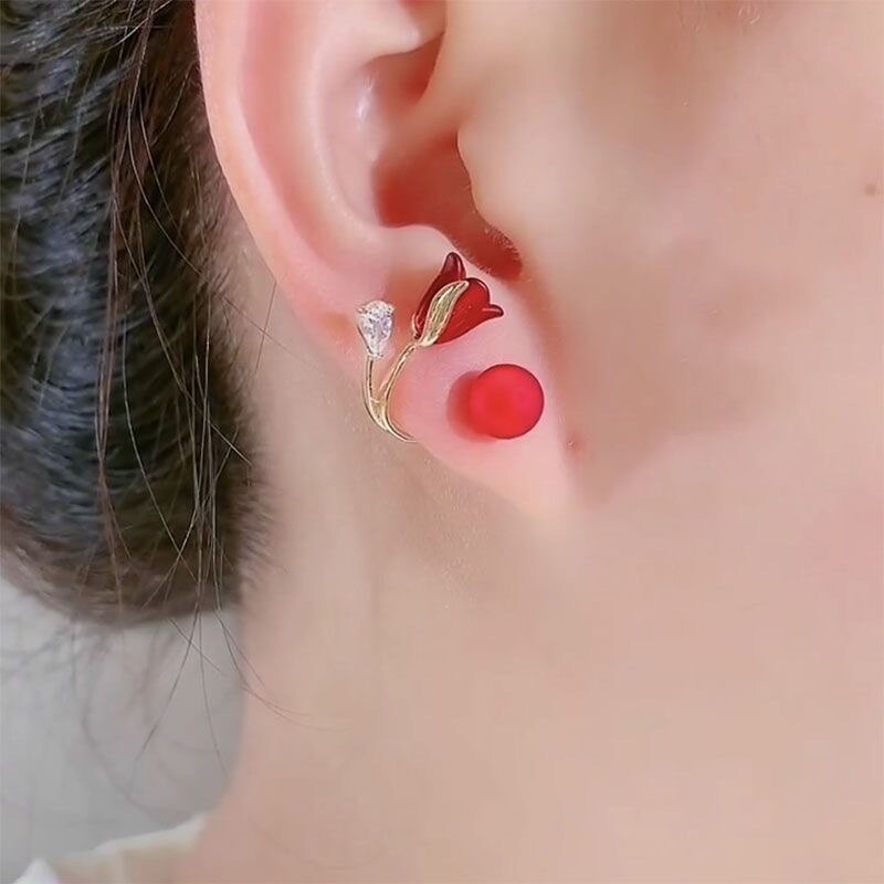 Norvo | Kunstnerisk Rød Blomst Koreansk Stil Zircon Øredobber