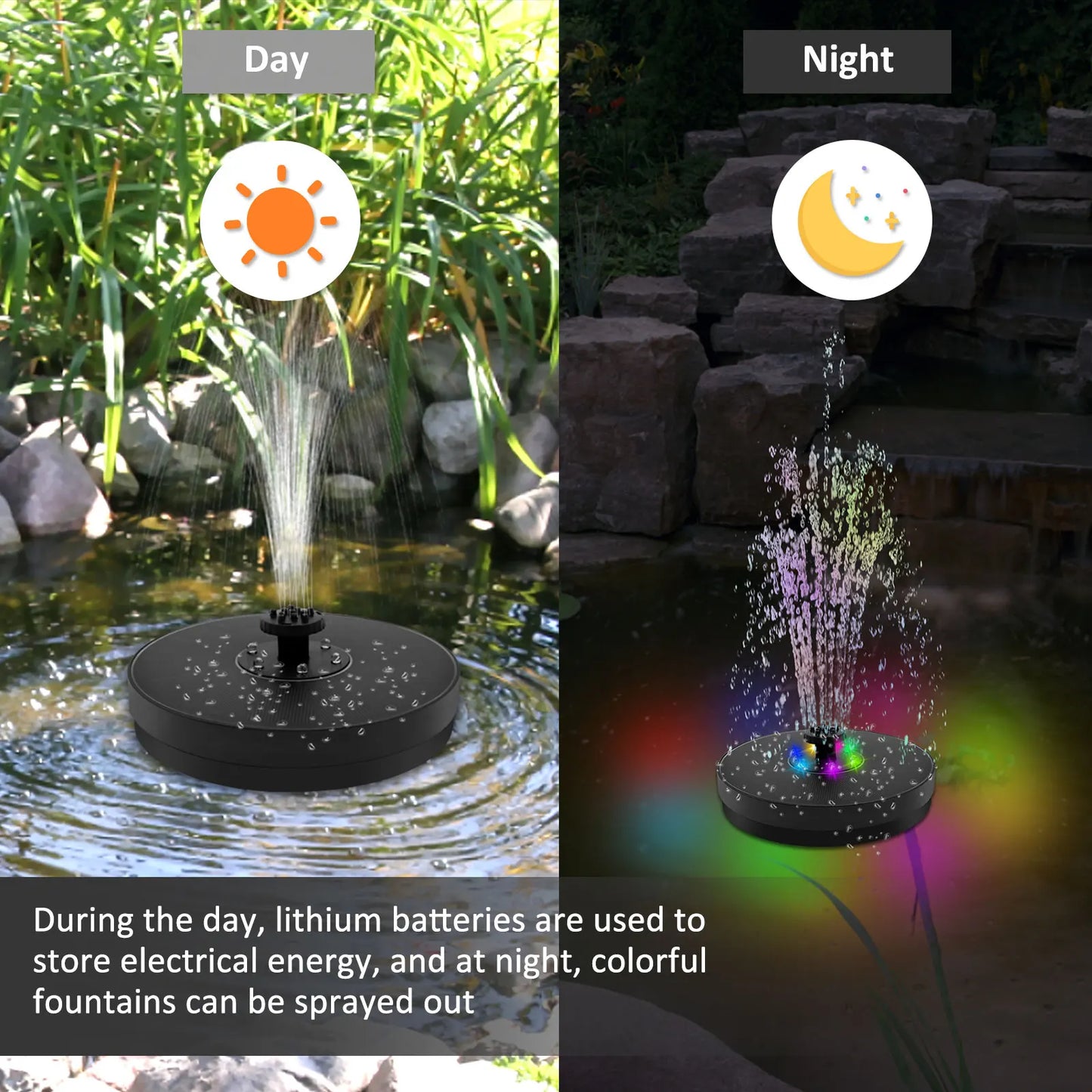 Norvo | AquaLume Solar Spring | 3W Solfontene med LED Fargevalg | Opptil 60 cm Fontenehøyde | 7 Munstykkevedlegg