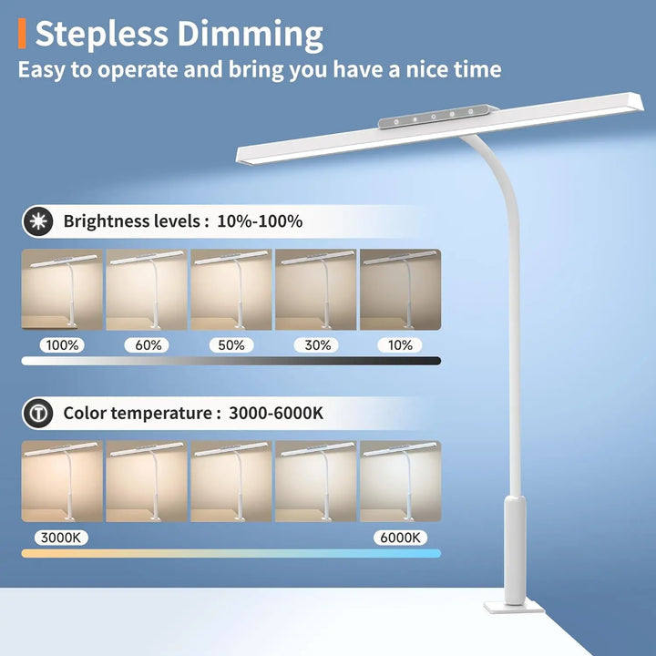 Norvo | Lumavue LED Skrivebordlampe med Klemme | Ekstra Bred Belysning | Trinnløs Dimming & Justerbar Fargetemperatur | For Hjemmekontor & Skjermarbeidsplass
