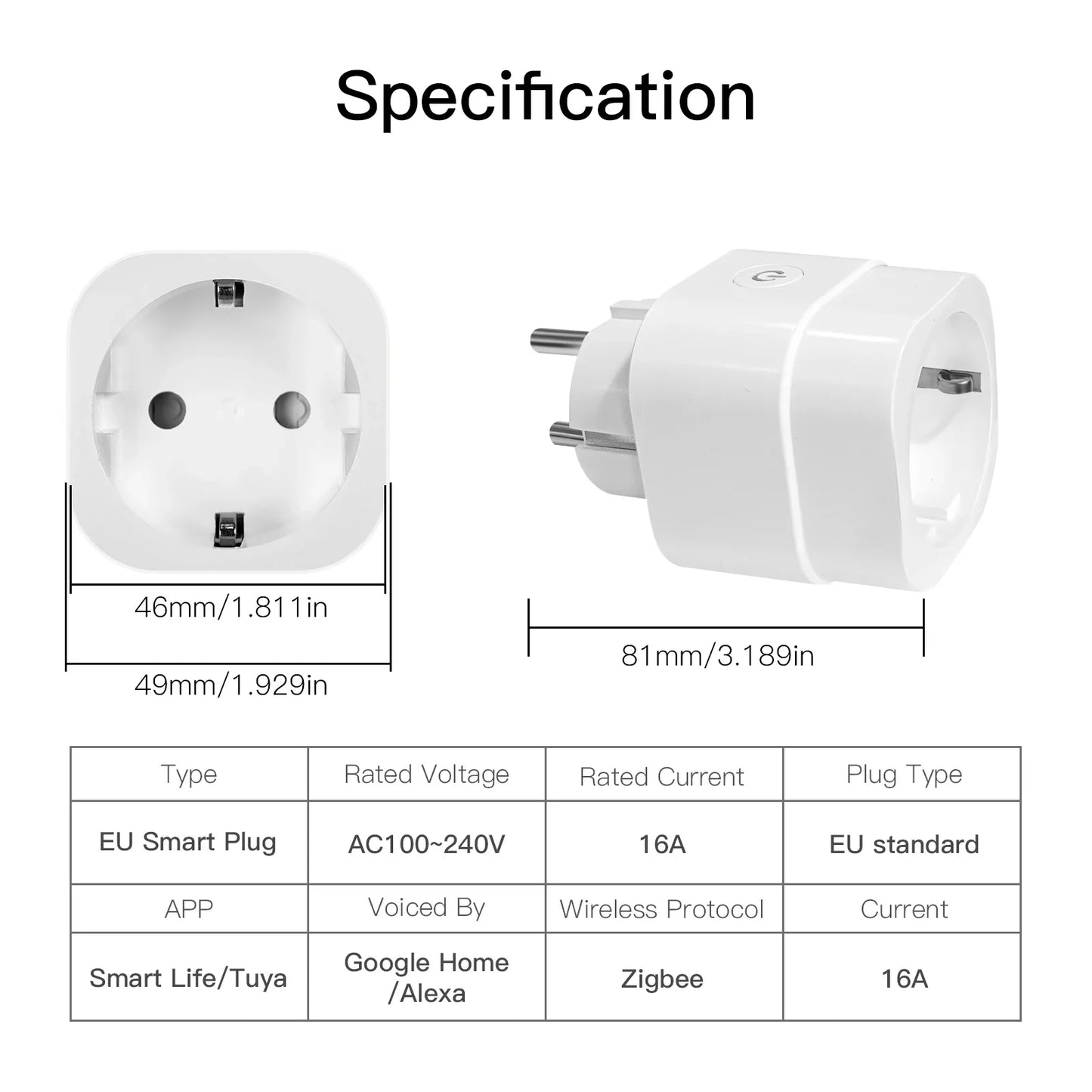 Tuya Zigbee Smart Strømkontakt 16A med Timer & Energimonitor - WiFi Plugg Kontroll via SmartLife Google Alexa Apper