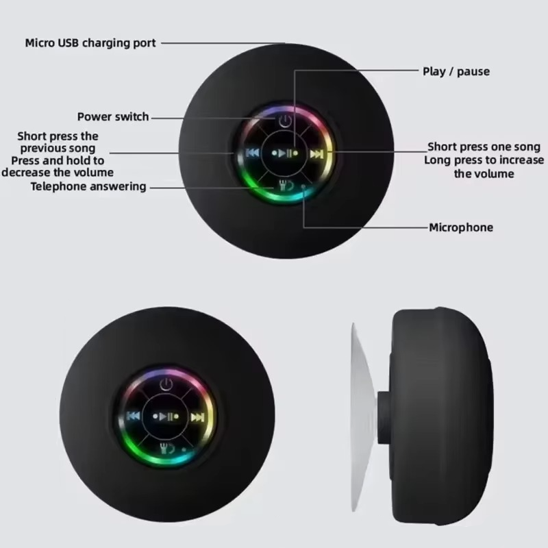 Norvo | Vanntett Bærbar Bluetooth Høyttaler med LED-Lys og Sugekop