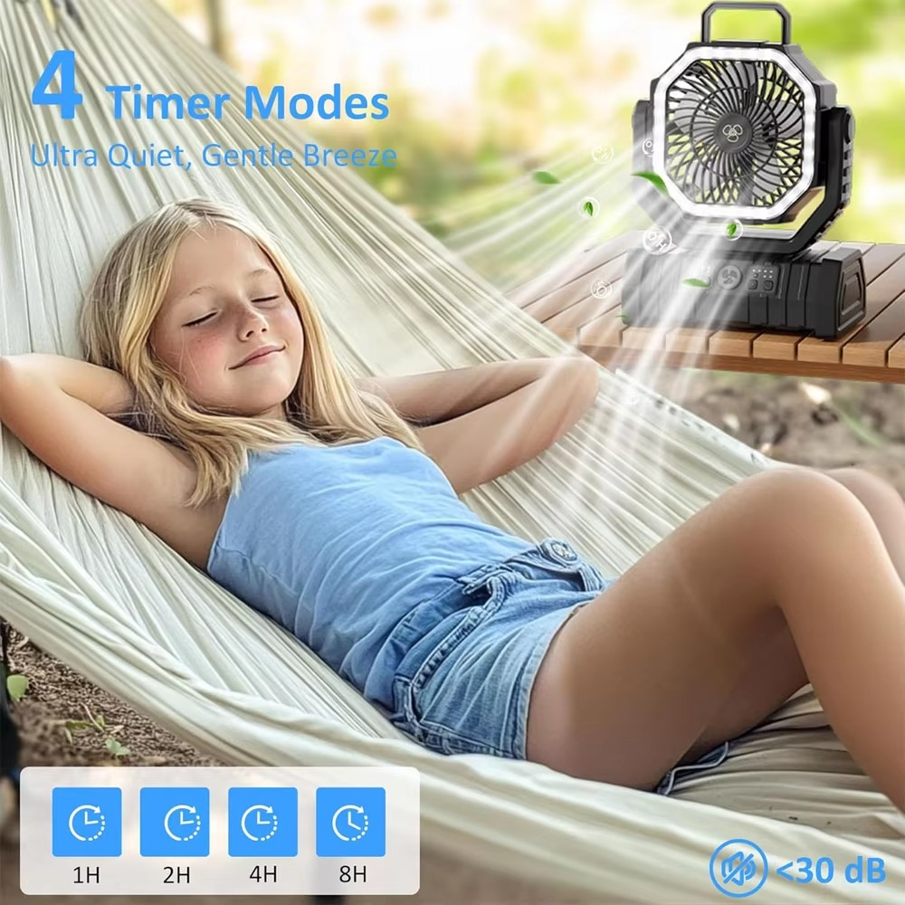 Norvo | Oppladbar campingvifte med 20000mAh batteri, 4 hastigheter og LED-lanterne