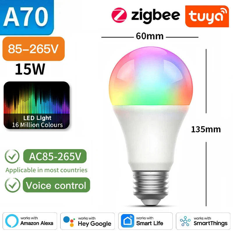 Tuya Zigbee Smarte LED Lyspærer E27 E14 GU10 - Dimmbar RGB Wifi Kontrollert via SmartLife Google Alexa-apper