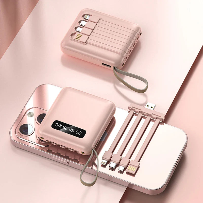 Norvo | Mini Powerbank med Speildisplay | 20,000 mAh | Hurtigladingfunksjon & Integrerte Kabler | For iPhone, Samsung, Xiaomi & mer