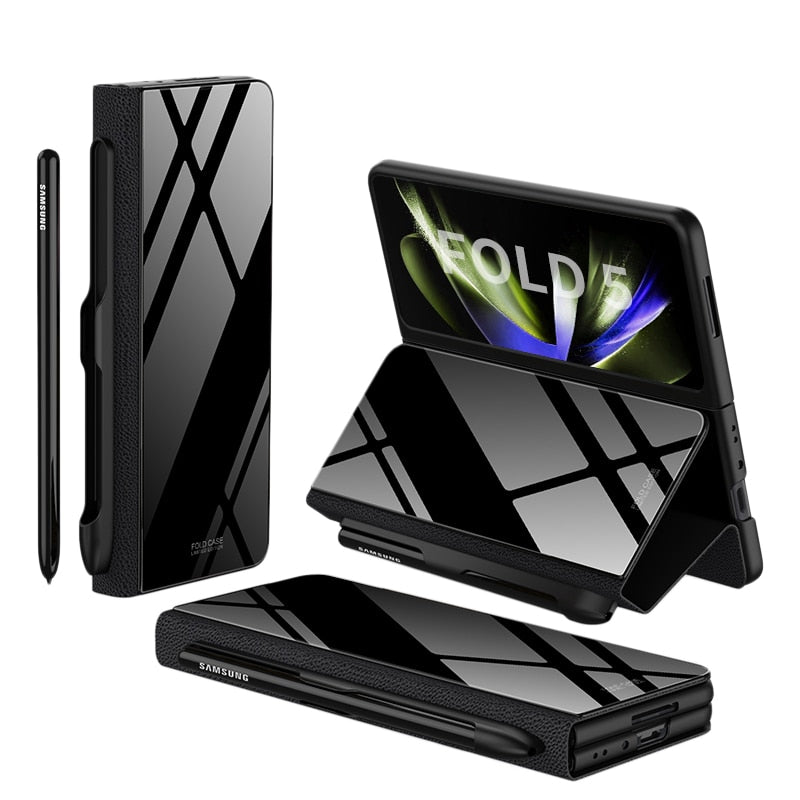 Norvo | Støtbestandig Rustningssak Glassdeksler Stativ Sett Inn Kort Lærsak for Samsung Galaxy Z Fold 5/4