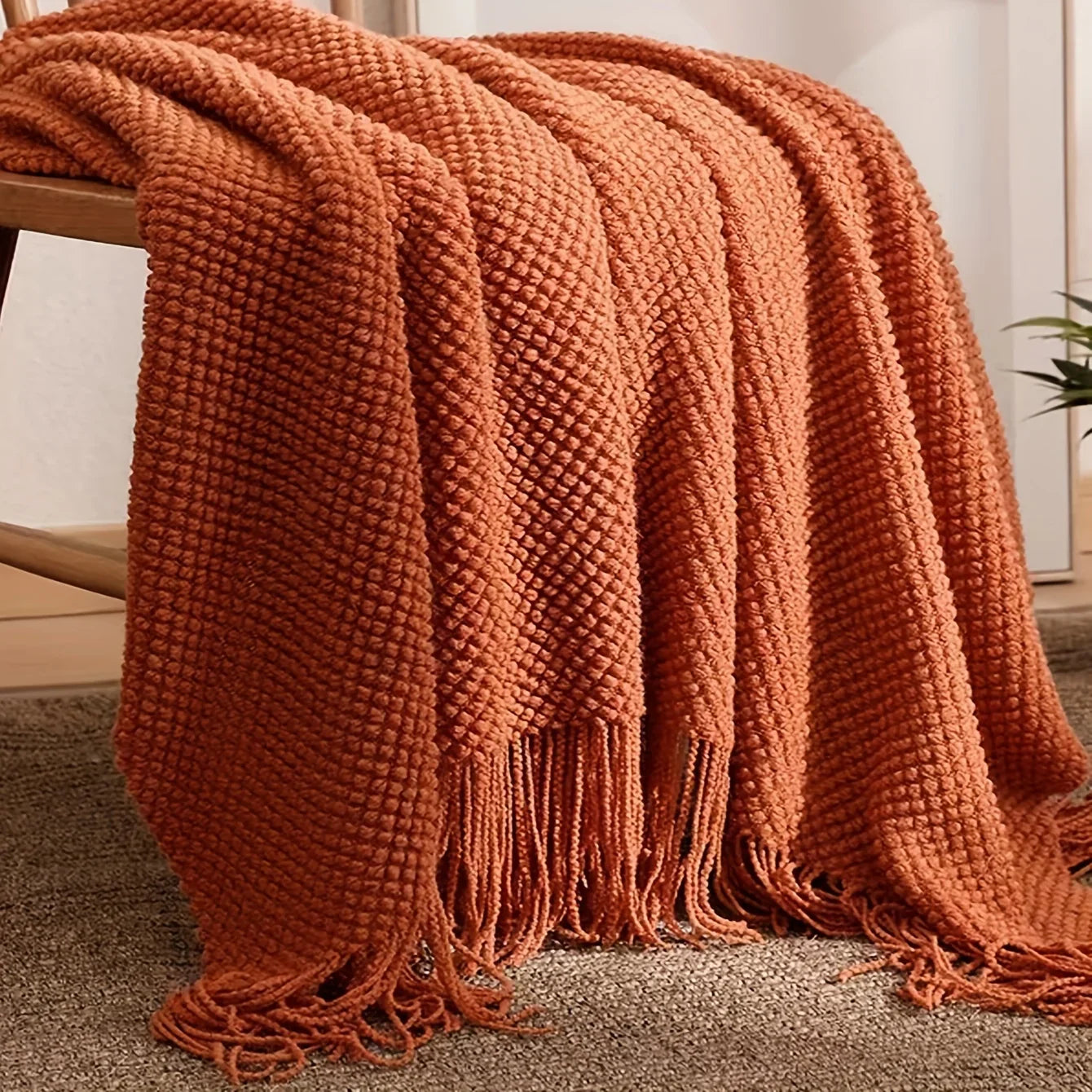 Norvo | Aurelia Cozy Frynse Strikket Tekstil i Morandi Orange | Myk & Varme | 3 Størrelser | For Sofa, Seng & Reiseliv