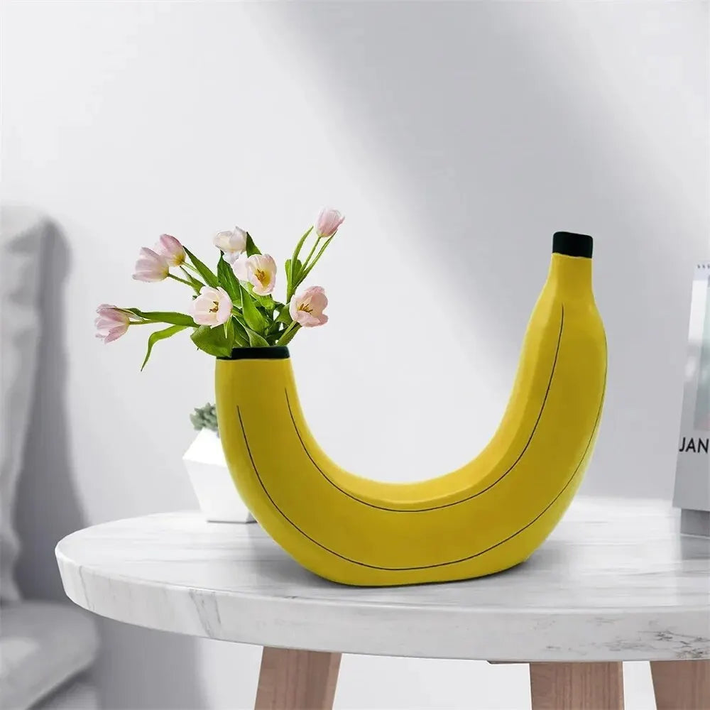 Norvo | Banan vase, blomster vase laget av harpiks, søt bananform, dekorativ bordvase for blomsterarrangementer, stue, soverom, hjemmedekorasjon