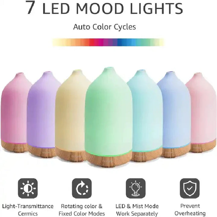 Norvo | Aromisca Keramisk Aroma Diffuser | 100 ml Ultralyd Luftfukter | 7 LED Farger & Timer | Håndlaget Design | EU Støpsel