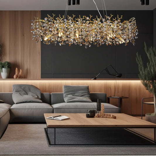 Norvo | Lang Krystall Pendellampe - Spiserom Gull Restaurant Øy Hengende Lampe, Sølv Nordisk LED Pendellampe Stor