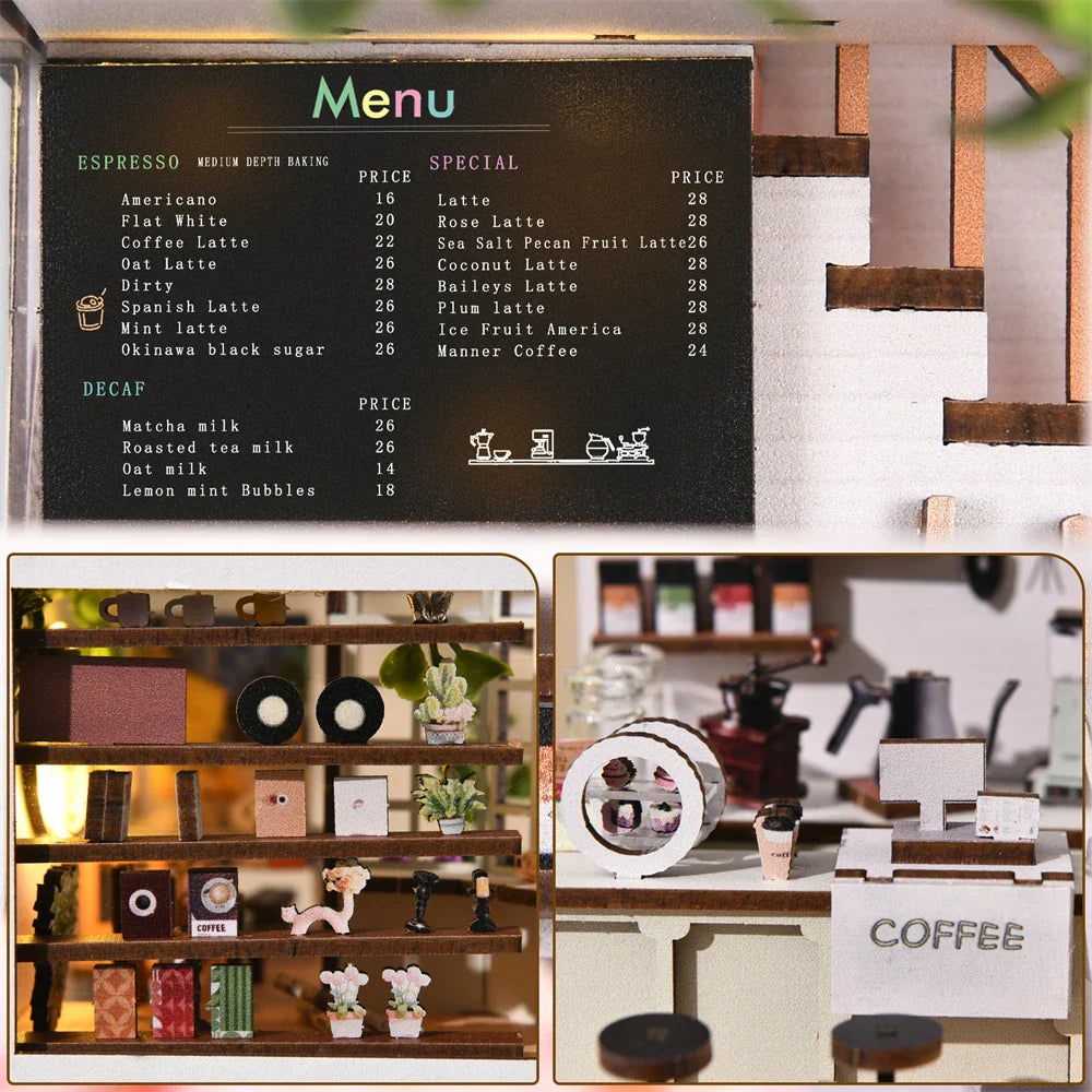 Norvo | SoleCaffè DIY Bokhylle | Miniatyr Kaffehus 3D Trebyggesett | Med LED-belysning | Kreativ Bokhylla Diorama & Gaveidé