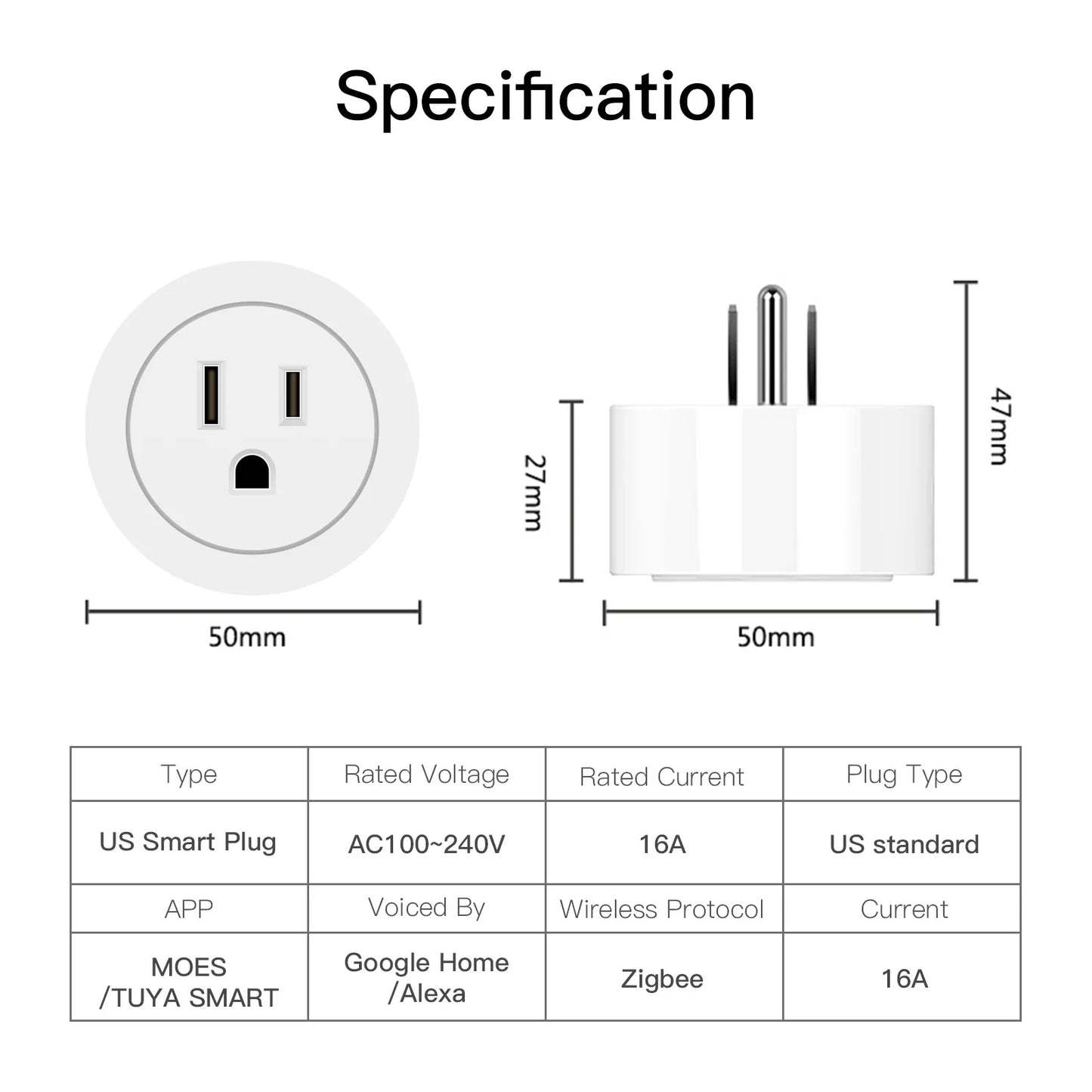 Tuya Zigbee Smart Strømkontakt 16A med Timer & Energimonitor - WiFi Plugg Kontroll via SmartLife Google Alexa Apper