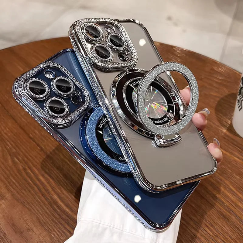 Luksus MagSafe Glitter Bling Belteveske med Ring Holder Stativ for iPhone 16 ProMax 15 11 12 13 14 Plus Diamant Trådløs Lading Silikon Deksel