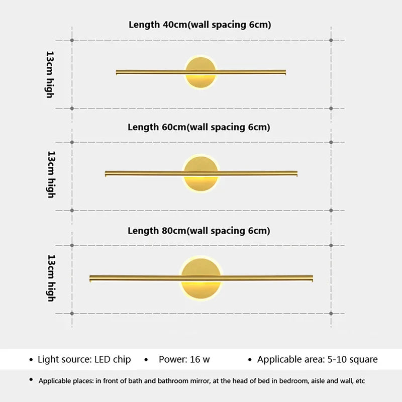 Norvo | LED Vegglampe LineaLux | Svart & Gull | 40/60/80 cm | Varm, Kald & Tre-Farge Lys | Moderne Speil & Veggbelysning