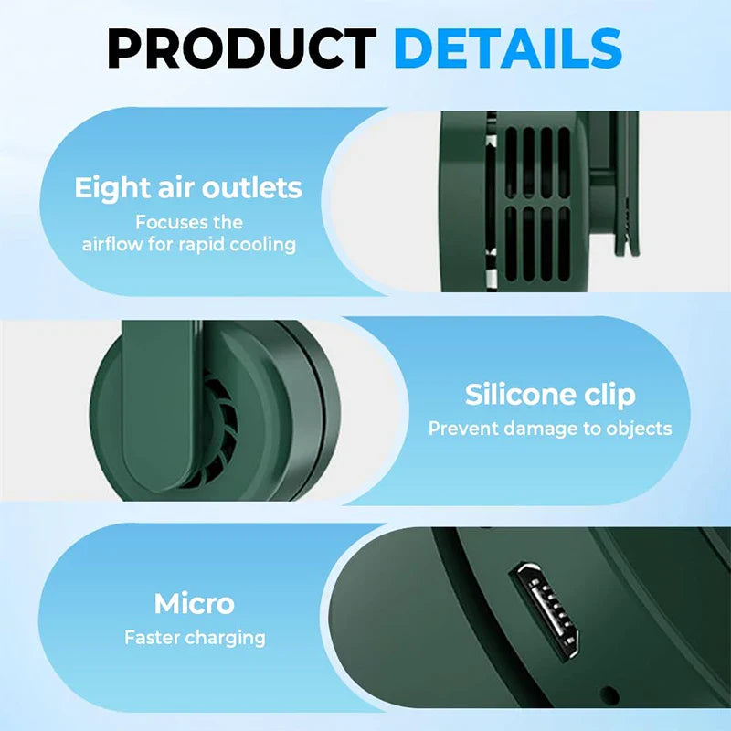 Norvo | BreezeClip Mini Vifte | USB Oppladbar & Stillegående | Uten Rotorblader | For å Klype på Skjorte, Belte eller Nakke