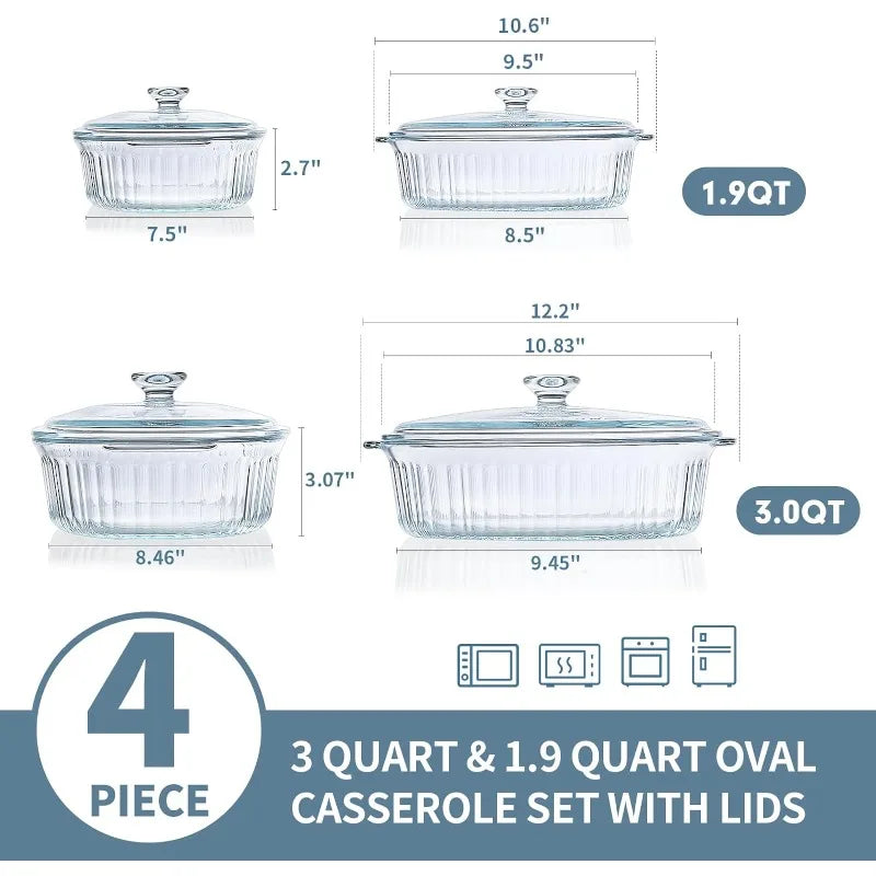 Norvo | 4-delt Glass Bakeware Sett med 2 Bakeware Retter med Glasslokk, 1.9 Qt og 3 Qt