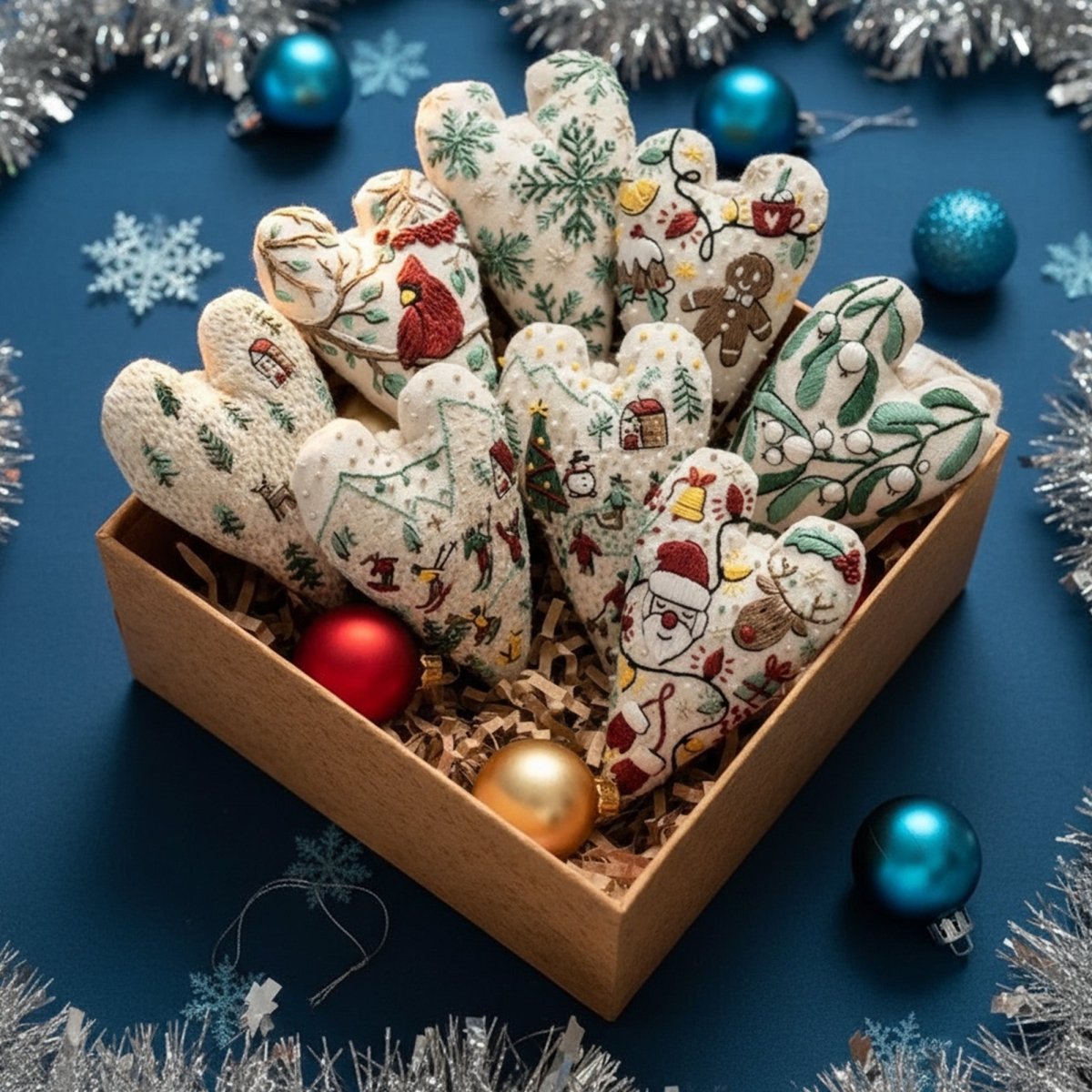 Norvo | DIY broderisett for hjerteformede juledekorasjoner med stoff, tråd og nåler