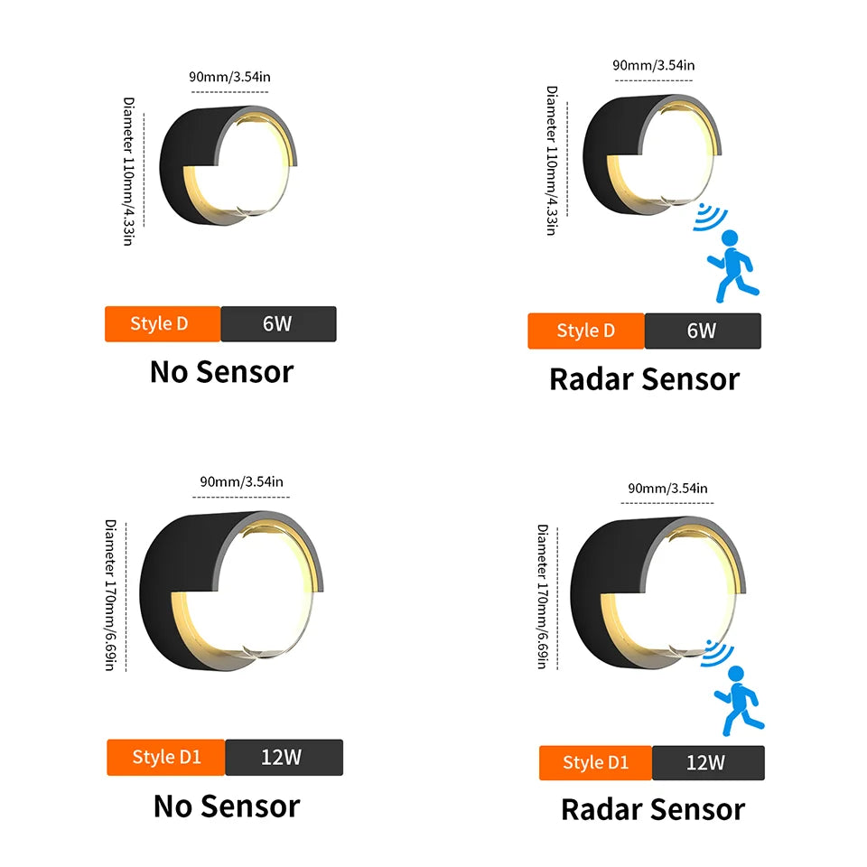 Norvo | LED Vegglampe LumoGuard | Med Radar Bevegelsessensor | 6W/12W | Varm & Kald Hvit | IP66 Vanntett