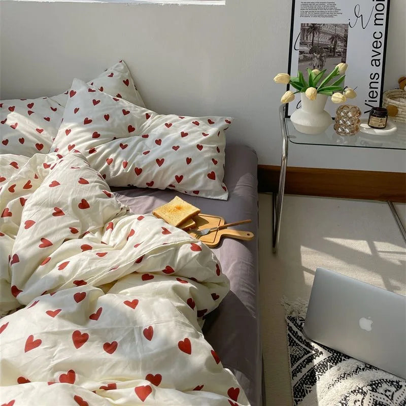Norvo | CozyLove | Twin, Full & Queen Duvet Cover Set – Myk koreansk stil sengetøy med hjerte-design