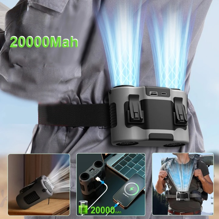 Norvo | Bærbar midje-klipsvifte med dual luftuttak & 20 000 mAh batteri – BreezeMate