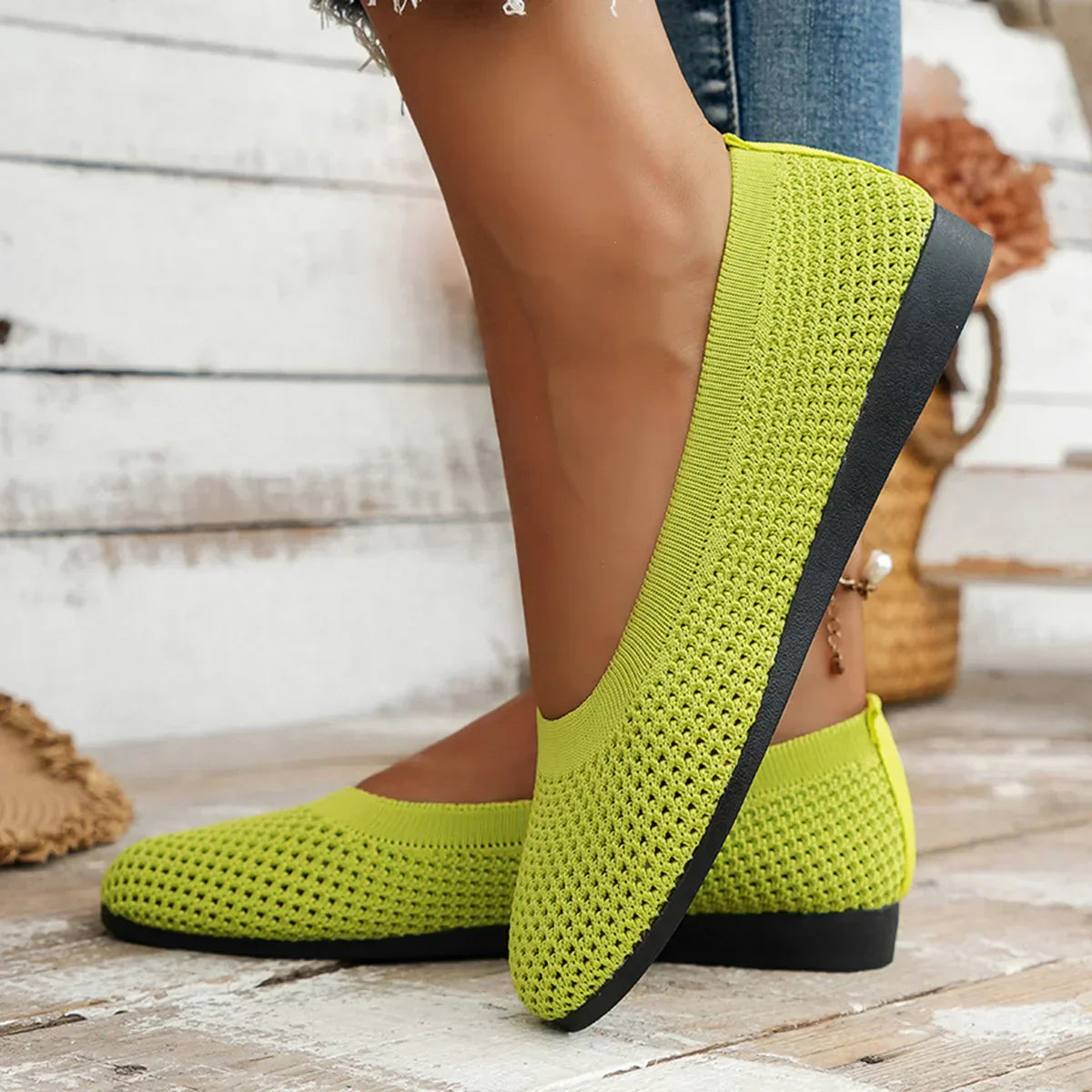 Norvo | Kvinner Rundtå Flat Sko Solid Farge Strikket Tøfler Casual Pustende Ballett Flats Kvinner Flat Sko Loafers Kvinner