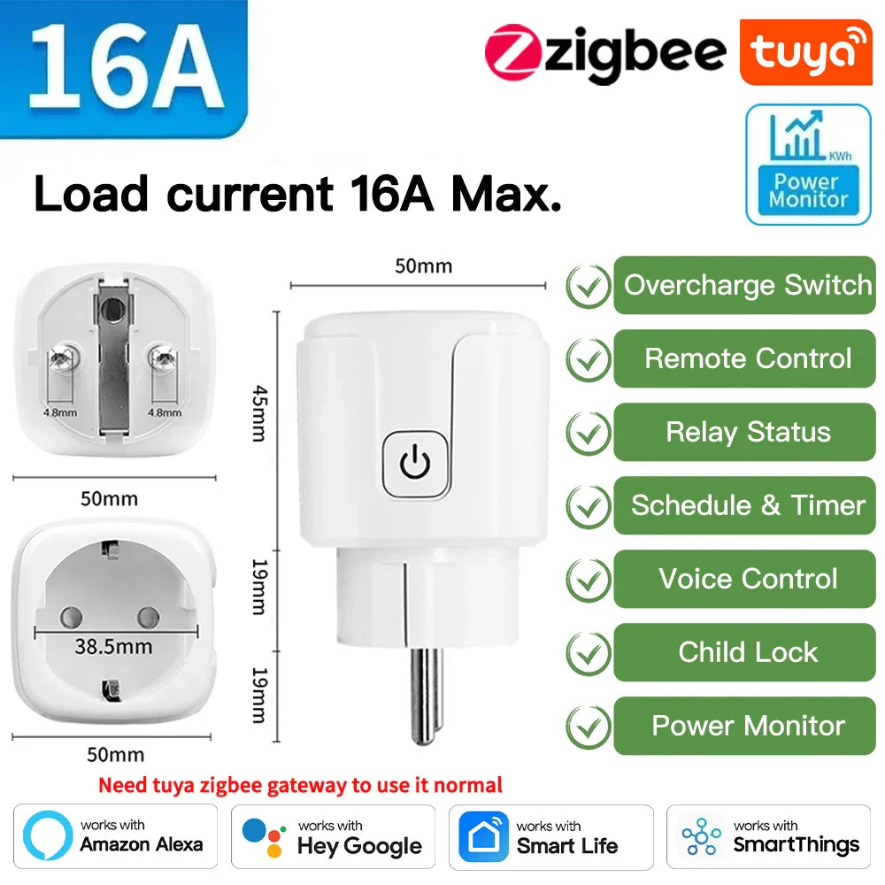 TUYA Zigbee Smarte Stikkontakter 16A & 20A med strømovervåking - Wifi Kontrollert via SmartLife Google Alexa Apper