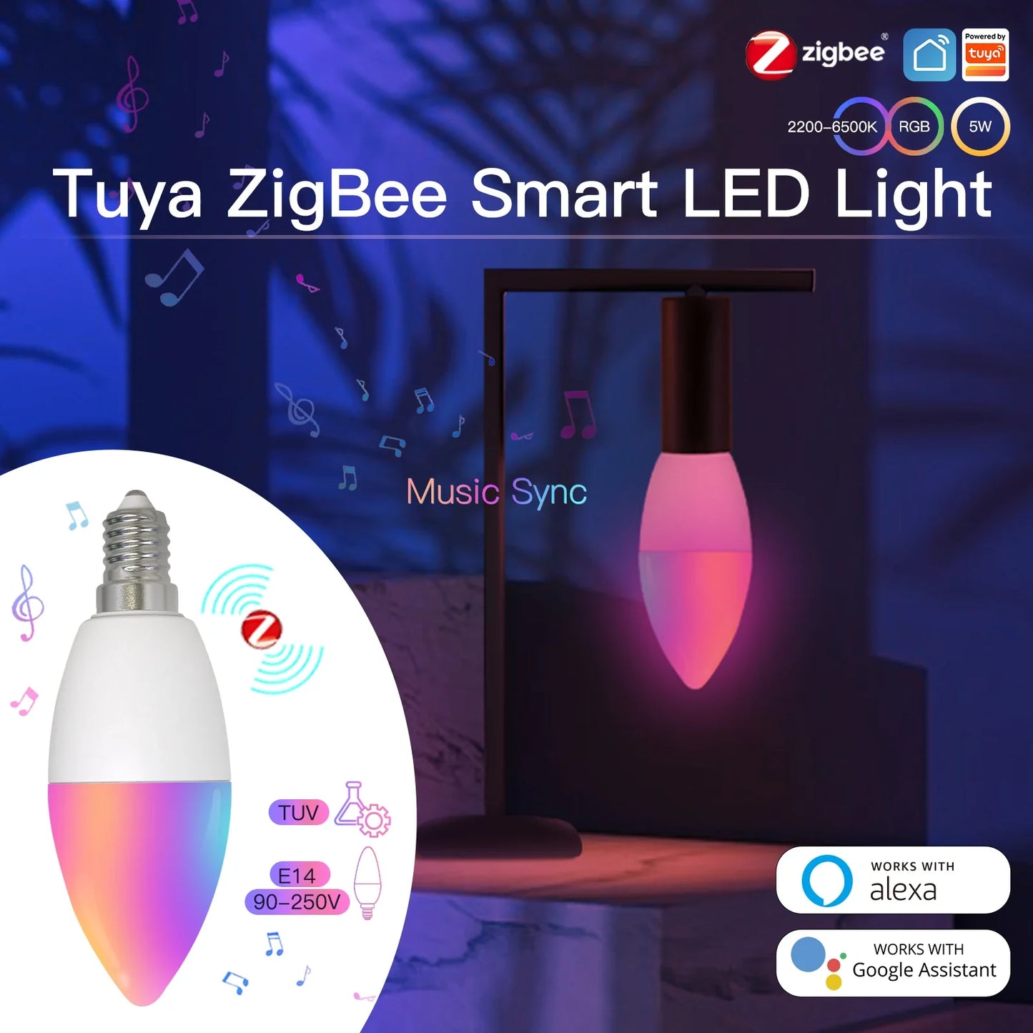 Tuya Zigbee LED Lyspære E14 - WiFi RGB Stearinlys Lampe Kontroll via SmartLife Google Alexa Apper