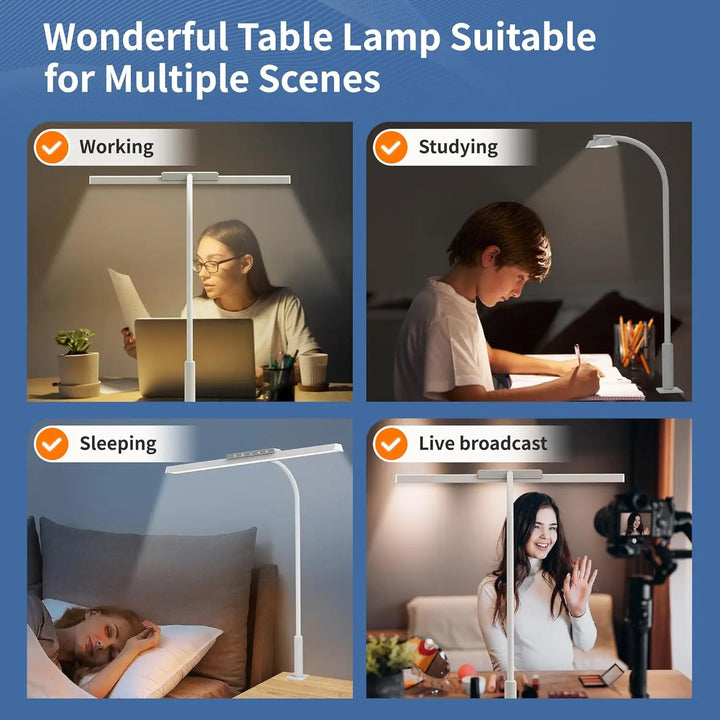Norvo | Lumavue LED Skrivebordlampe med Klemme | Ekstra Bred Belysning | Trinnløs Dimming & Justerbar Fargetemperatur | For Hjemmekontor & Skjermarbeidsplass