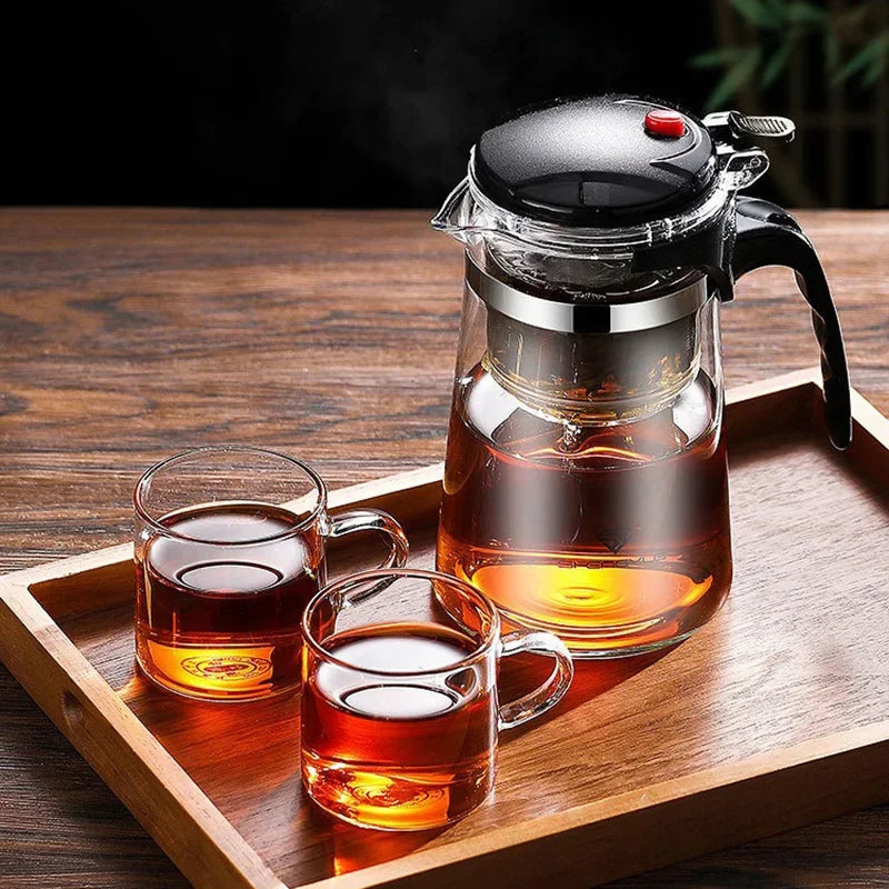 Norvo | Varmebestandig glass tekanne med en-klikk-filter – te- og kaffekanne, tevannseparering, hjemmetee-serviset-sett