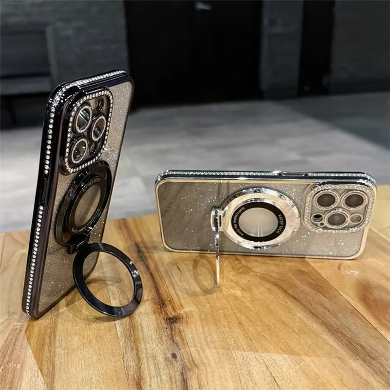 Luksus MagSafe Glitter Bling Belteveske med Ring Holder Stativ for iPhone 16 ProMax 15 11 12 13 14 Plus Diamant Trådløs Lading Silikon Deksel
