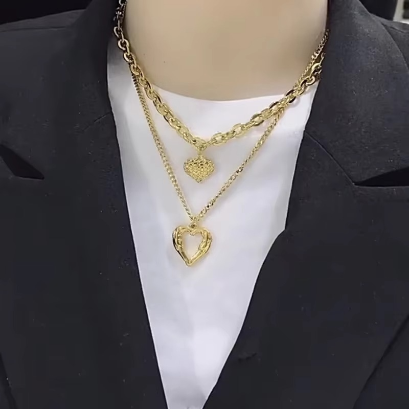 Norvo | Chic Double-Layer Heart & Cuban Link Chain Choker Necklace