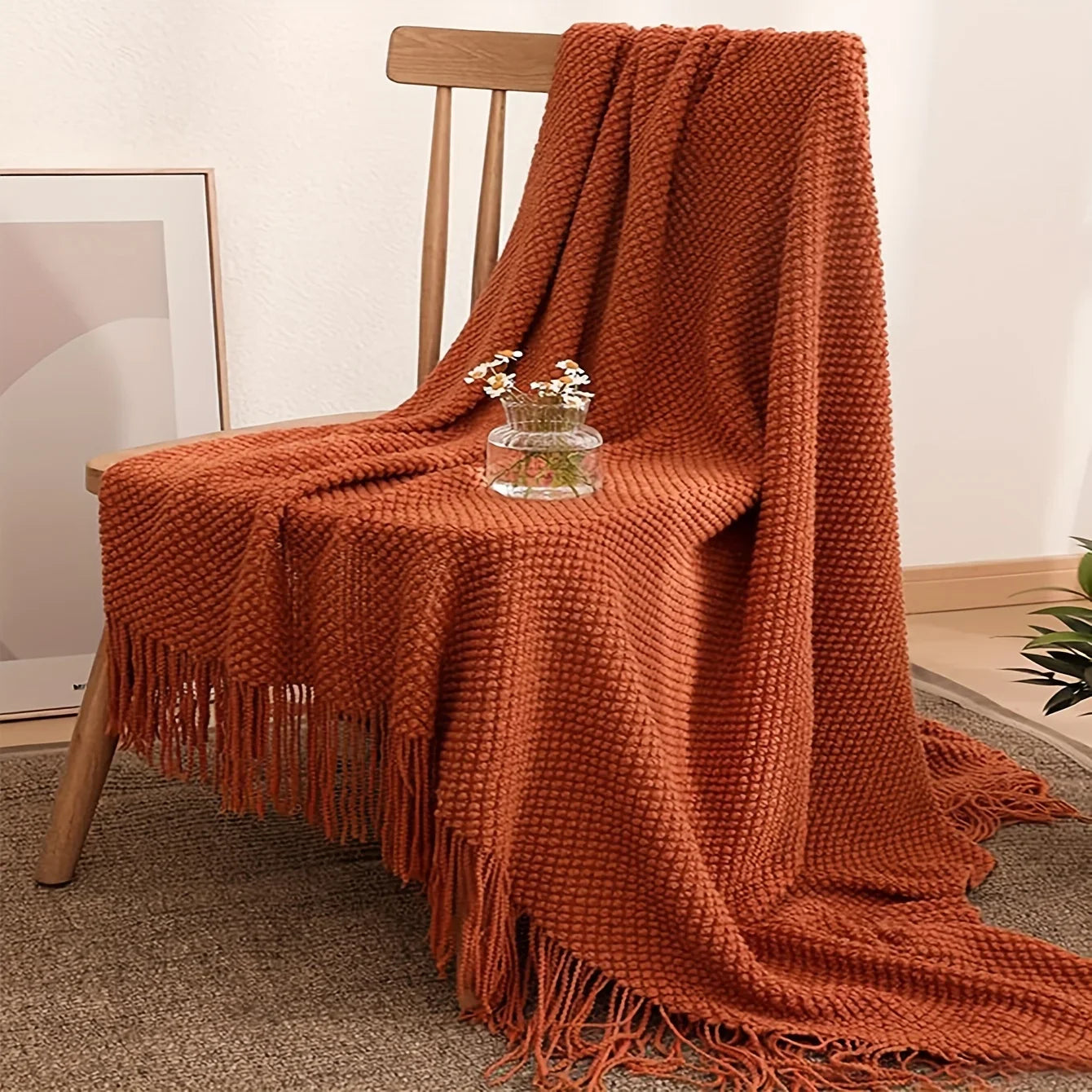 Norvo | Aurelia Cozy Frynse Strikket Tekstil i Morandi Orange | Myk & Varme | 3 Størrelser | For Sofa, Seng & Reiseliv