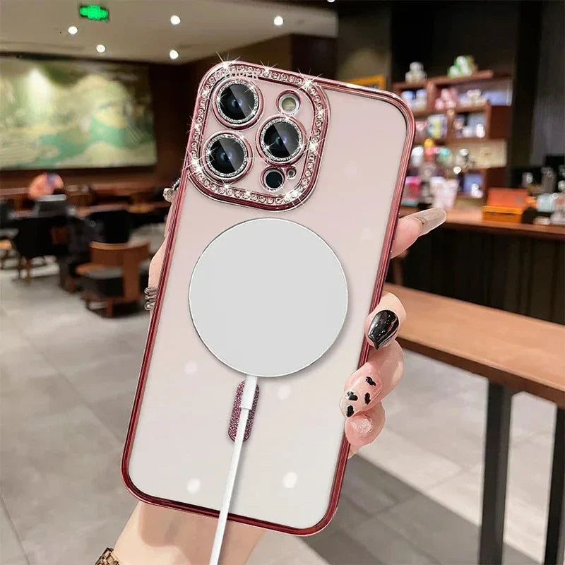 Luksus Glitter Bling MagSafe-deksel med krystalllinse for iPhone 15 16 11 12 13 14 Pro Max 16 Plus magnetisk trådløs lading gjennomsiktig deksel