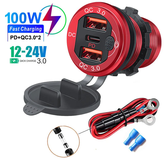 Norvo | 115W Bil-lader med QC3.0, PD, Voltmeter, USB-porter
