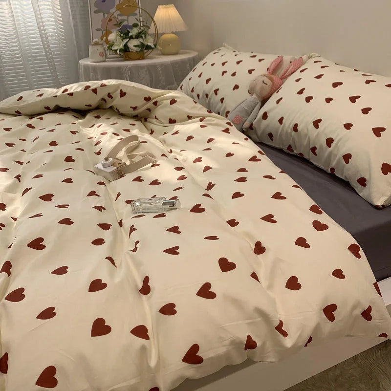 Norvo | CozyLove | Twin, Full & Queen Duvet Cover Set – Myk koreansk stil sengetøy med hjerte-design