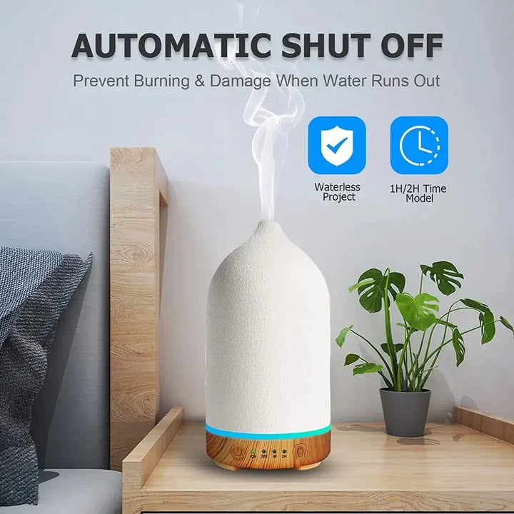 Norvo | Aromisca Keramisk Aroma Diffuser | 100 ml Ultralyd Luftfukter | 7 LED Farger & Timer | Håndlaget Design | EU Støpsel