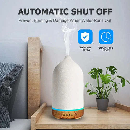 Norvo | Aromisca Keramisk Aroma Diffuser | 100 ml Ultralyd Luftfukter | 7 LED Farger & Timer | Håndlaget Design | EU Støpsel