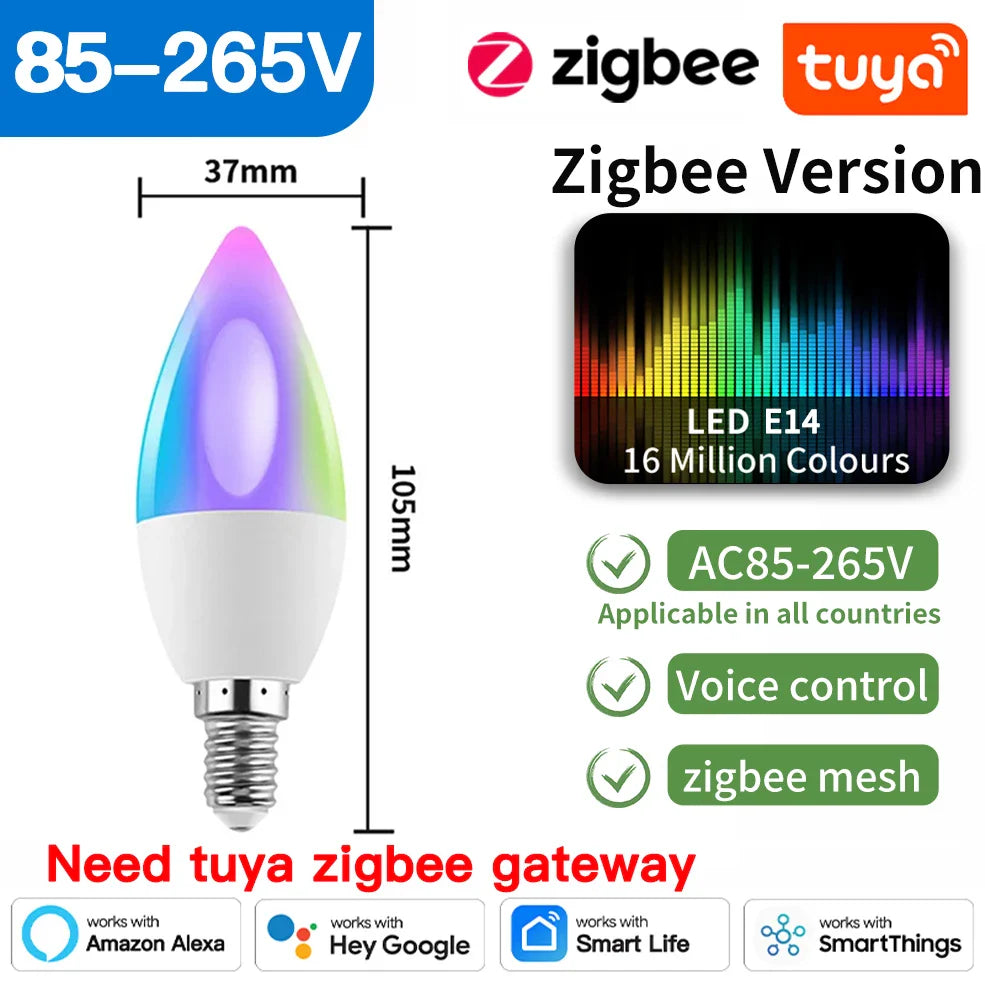 Tuya Zigbee Smarte LED Lyspærer E27 E14 GU10 - Dimmbar RGB Wifi Kontrollert via SmartLife Google Alexa-apper