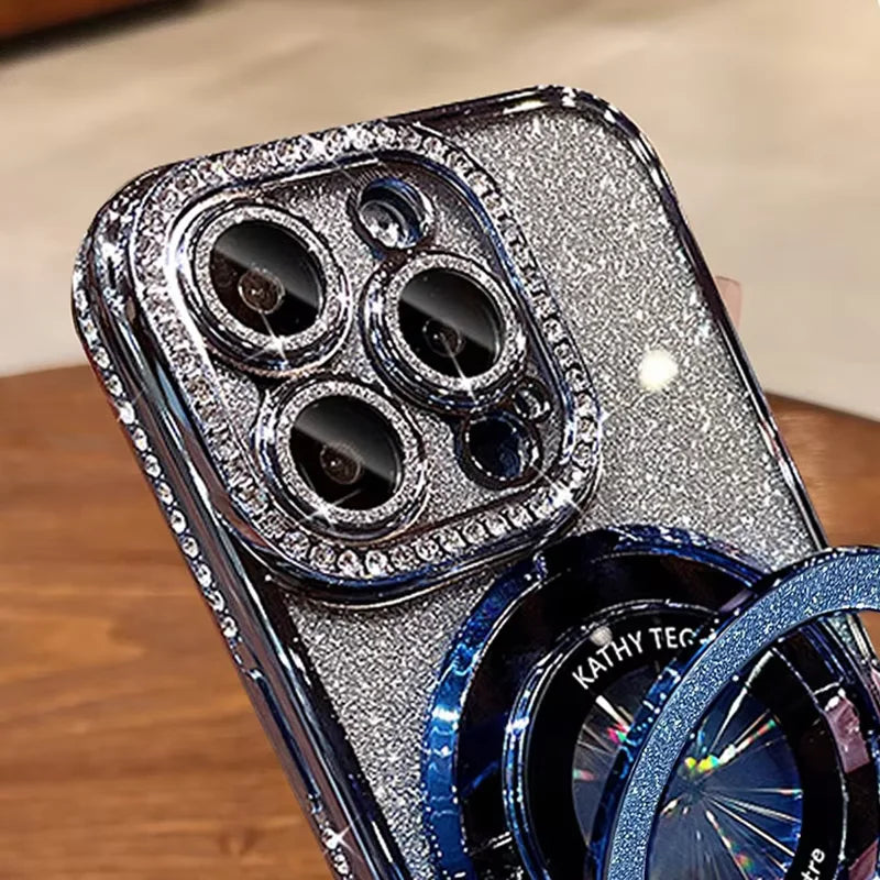 Luksus MagSafe Glitter Bling Belteveske med Ring Holder Stativ for iPhone 16 ProMax 15 11 12 13 14 Plus Diamant Trådløs Lading Silikon Deksel