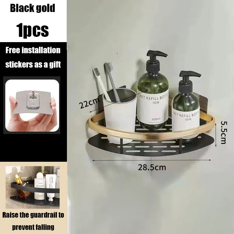 Norvo | AquaSpace Pro | Hjørnedusjhyller uten boring | Aluminium | Rustfritt og belastningsdyktig | Badehylle i svart, hvit, sølv eller svart-gull