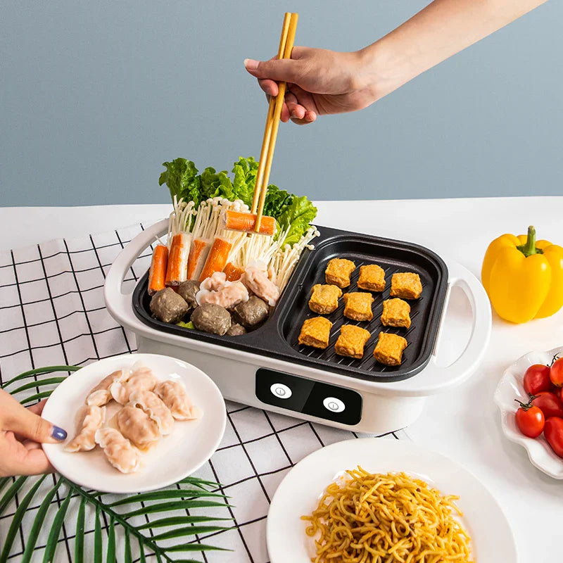 Norvo | 2 i 1 Non-stick Shabu Gryte og Grill - Multikoker for BBQ, Shabu Shabu, Biff, Ramen og Nudler, Elektrisk Kjele