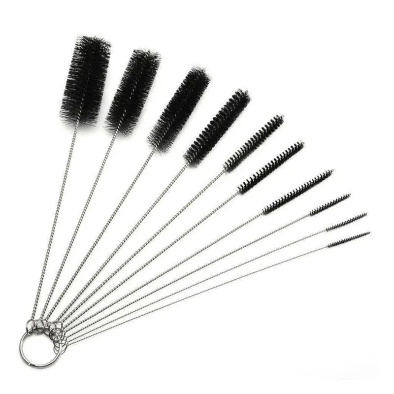 Norvo | Brushilo Rengjøringsbørstesett 10-deler | Rustfritt Stål med Nylonbust | For Sukkerør, Flasker, Rør og Laboratorietilbehør