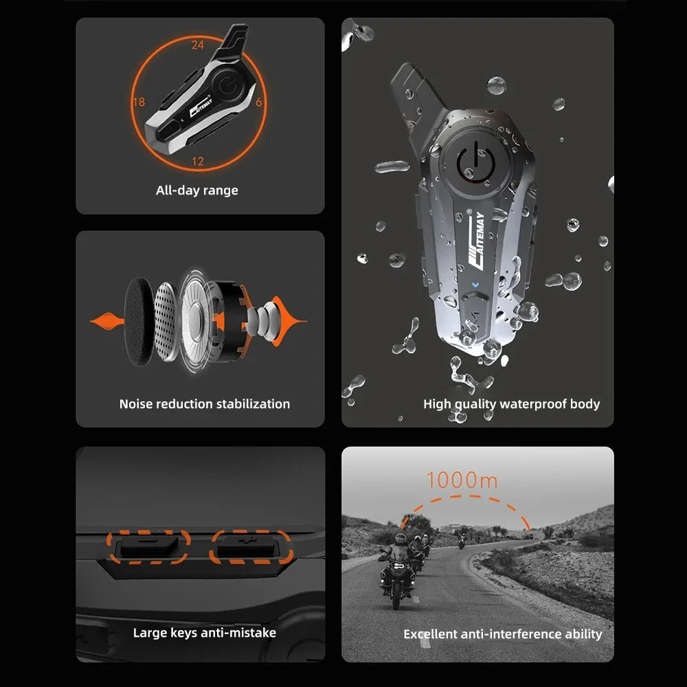 Norvo | Bluetooth Motorsykkel Hjelm Intercom Headset med 1000m Rekkevidde & IPX6 Vanntett – RoadComm